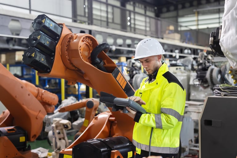 Caucasian worker in a bright yellow safety jacket and helmet controls an industrial robot arm in a factory