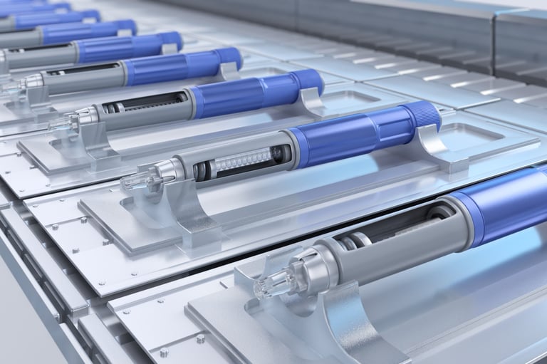 Semaglutide autoinjector pens on a high-tech pharmaceutical production conveyor belt.