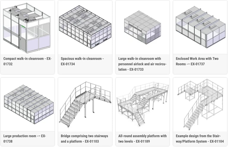 Grid of 8 isometric 3D renderings showing various modular cleanroom and workspace structures with different configurations and layouts