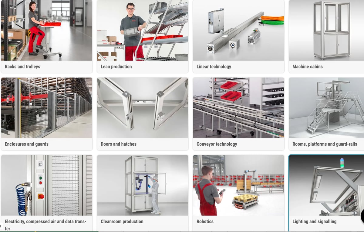 Grid of 12 industrial warehouse and manufacturing equipment photos including racks, laser production, conveyors, enclosures, and robotic systems