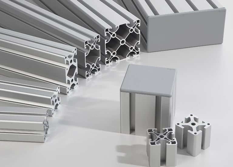 Aluminum extrusion profiles and components arranged to show various structural shapes and sizes used in manufacturing and construction